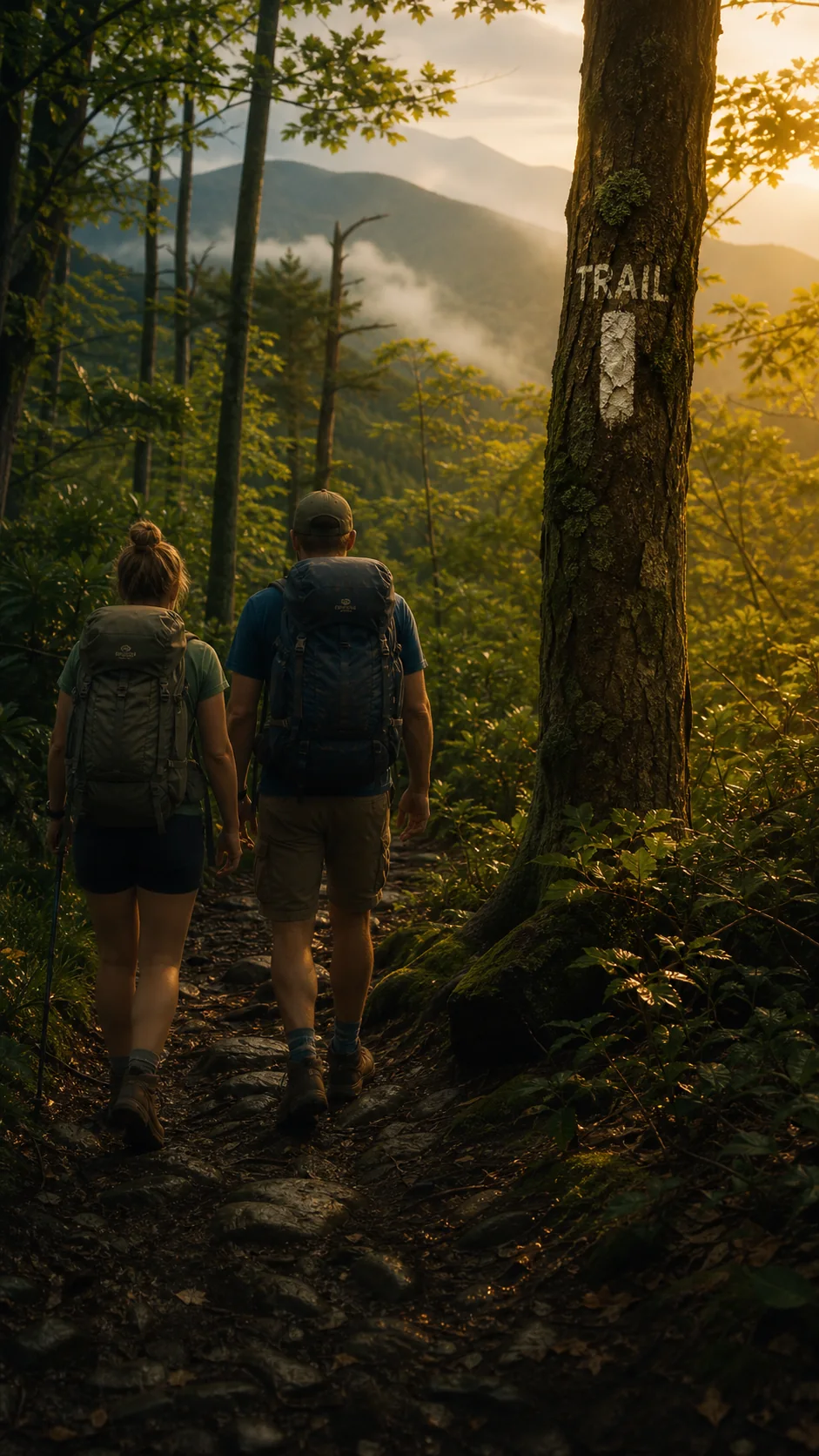Hikers following a forest trail through green mountain woods.