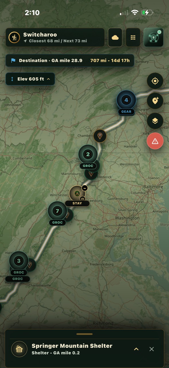 Trail map with resupply and service layers