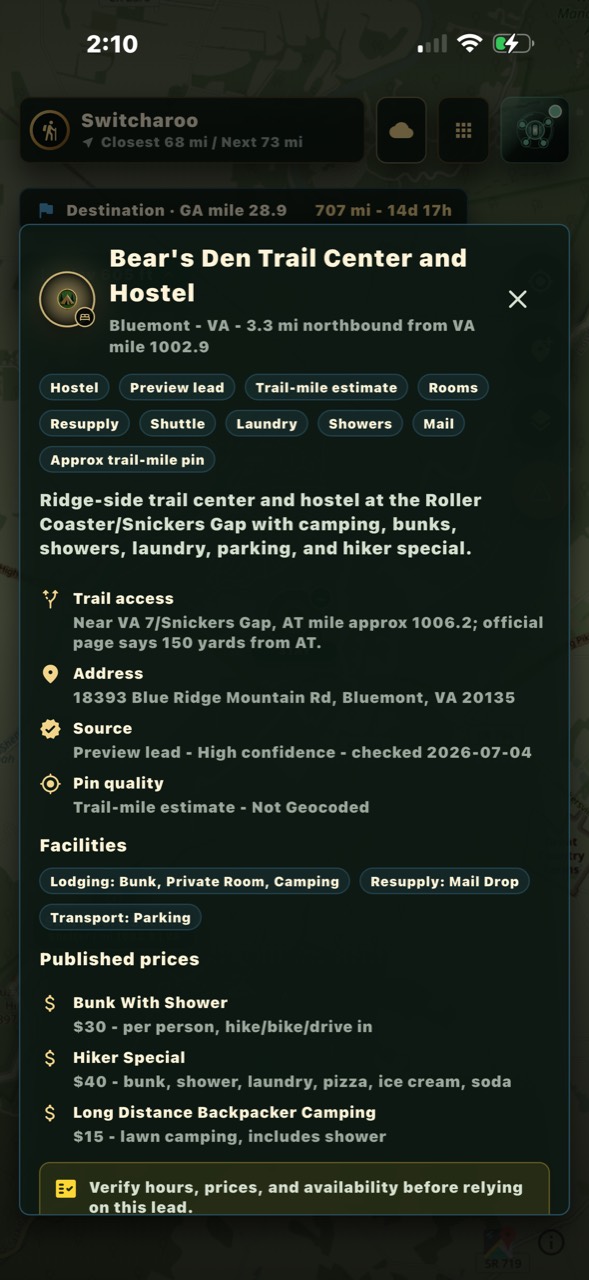 Bears Den place detail page