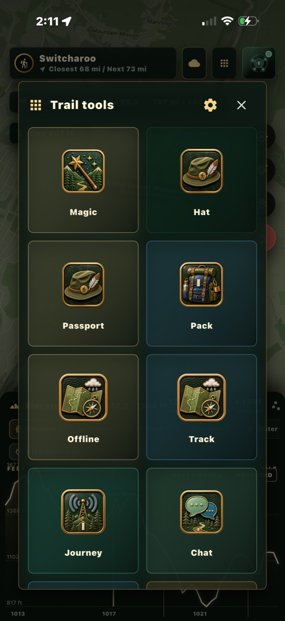 Trail tools menu with enamel tiles