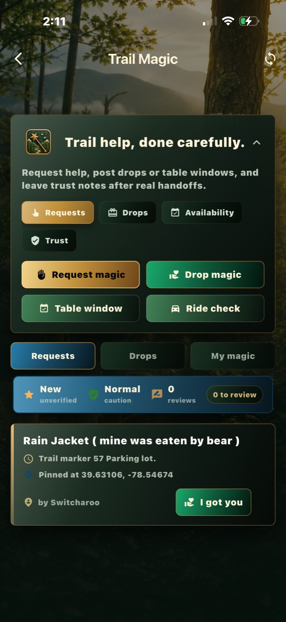 Trail Magic requests screen