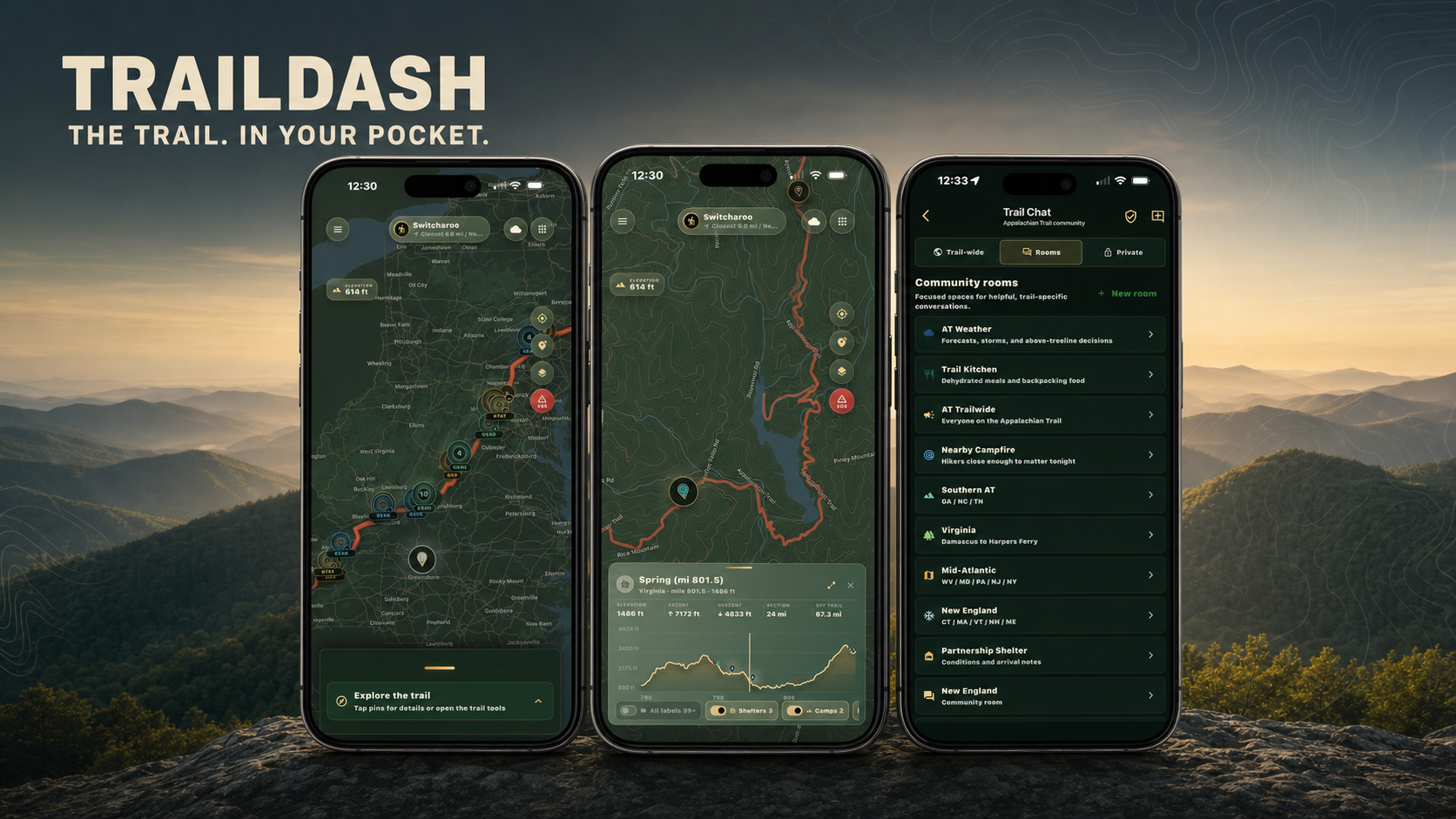 Three TrailDash screens showing the whole Appalachian Trail map, an elevation profile, and community chat against a mountain sunrise.